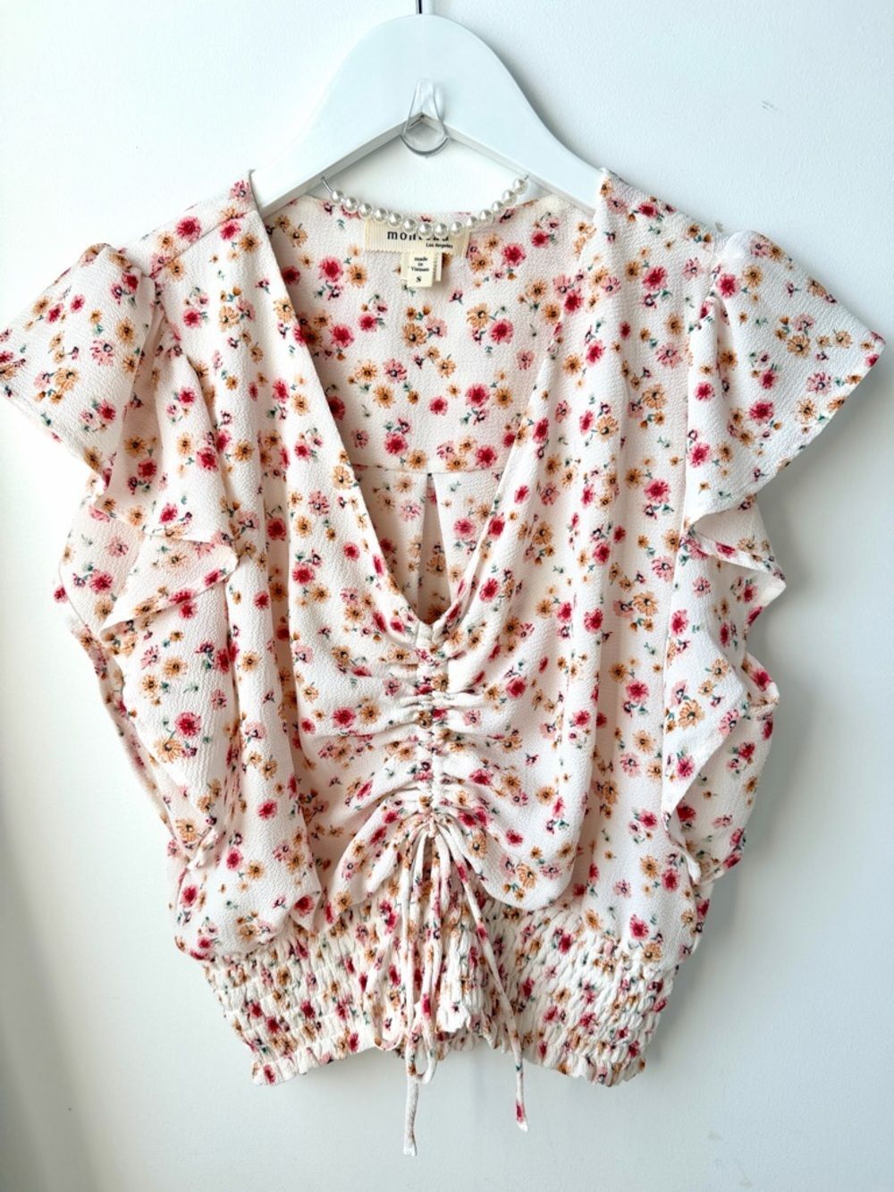 Monteau Floral Cropped Top Ruffle Drawstring